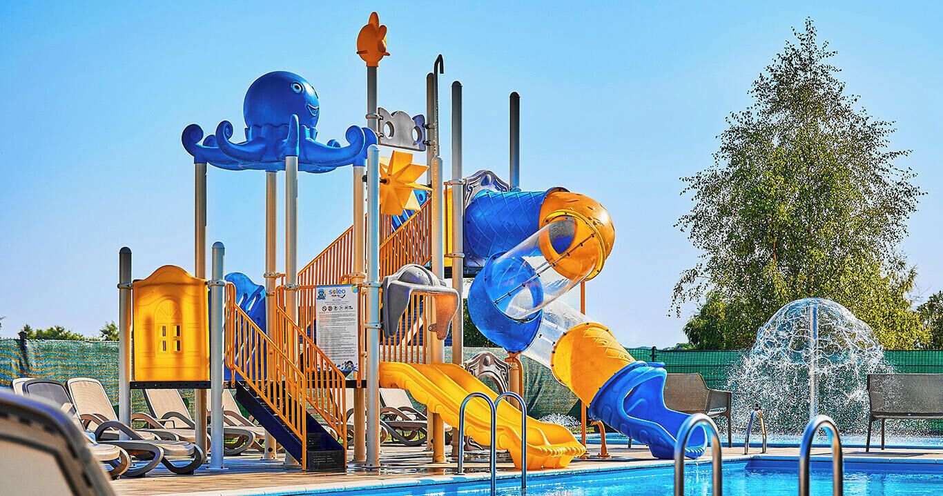 A water park with slides and a pool.