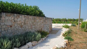 A stone wall, gravel path, and greenery. - Apulian trullo with pool among vineyards (Martina Franca)
