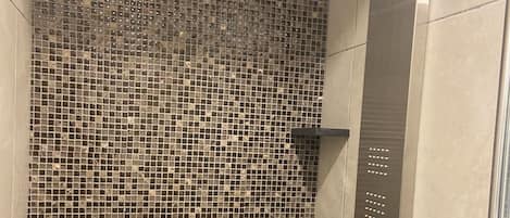 Shower, hair dryer, bidet, towels