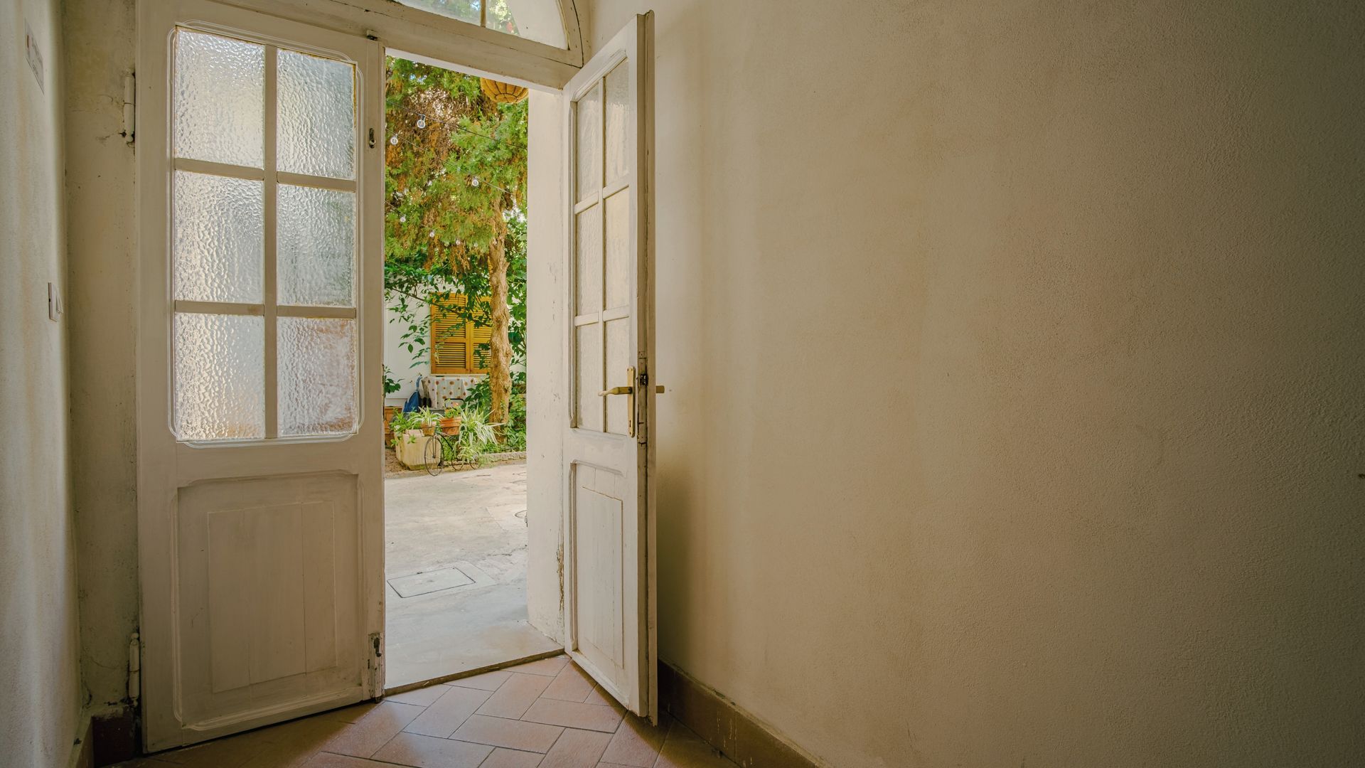 A hallway with a white door leading to an outdoor area with a tree and a bicycle.