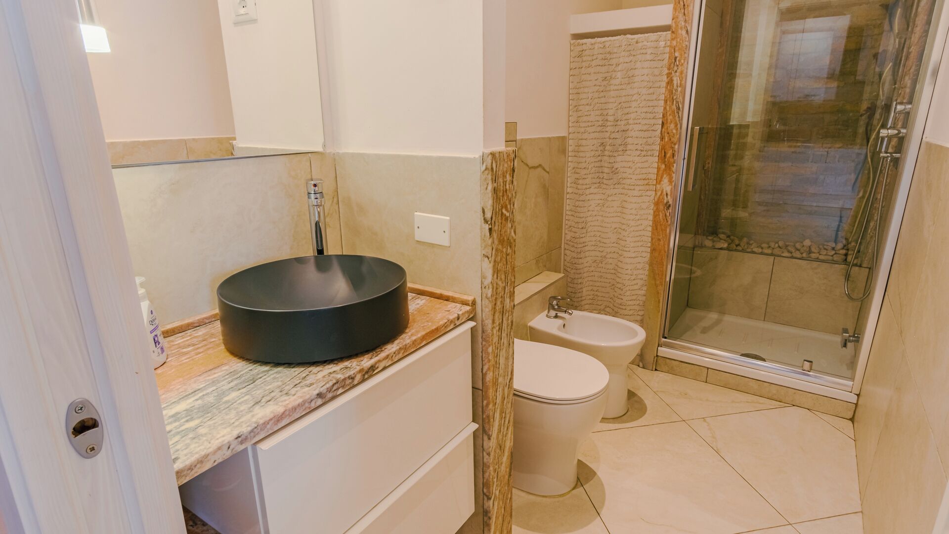Shower, hair dryer, bidet, towels
