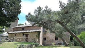 Un bâtiment rustique en pierre, doté d’un toit en pente, d’une clôture en bois et d’un grand pin au premier plan.