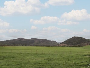 Ein grasbewachsenes Feld mit einem Zaun und Hügeln im Hintergrund.