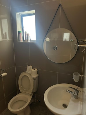 Een badkamer met toilet, wastafel, spiegel en raam.