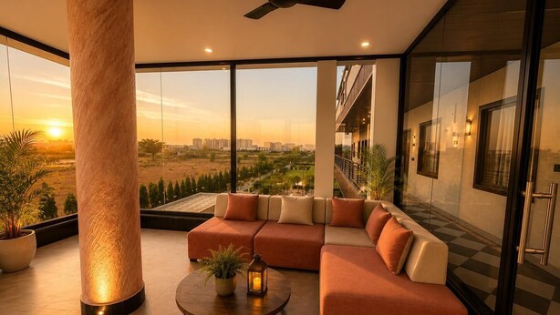 A modern living room with a large window, a sofa set, a round coffee table, and a ceiling fan.