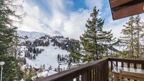 A wooden deck with a view of a snowy mountain landscape.