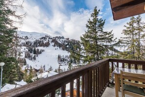 A wooden deck with a view of a snowy mountain landscape.