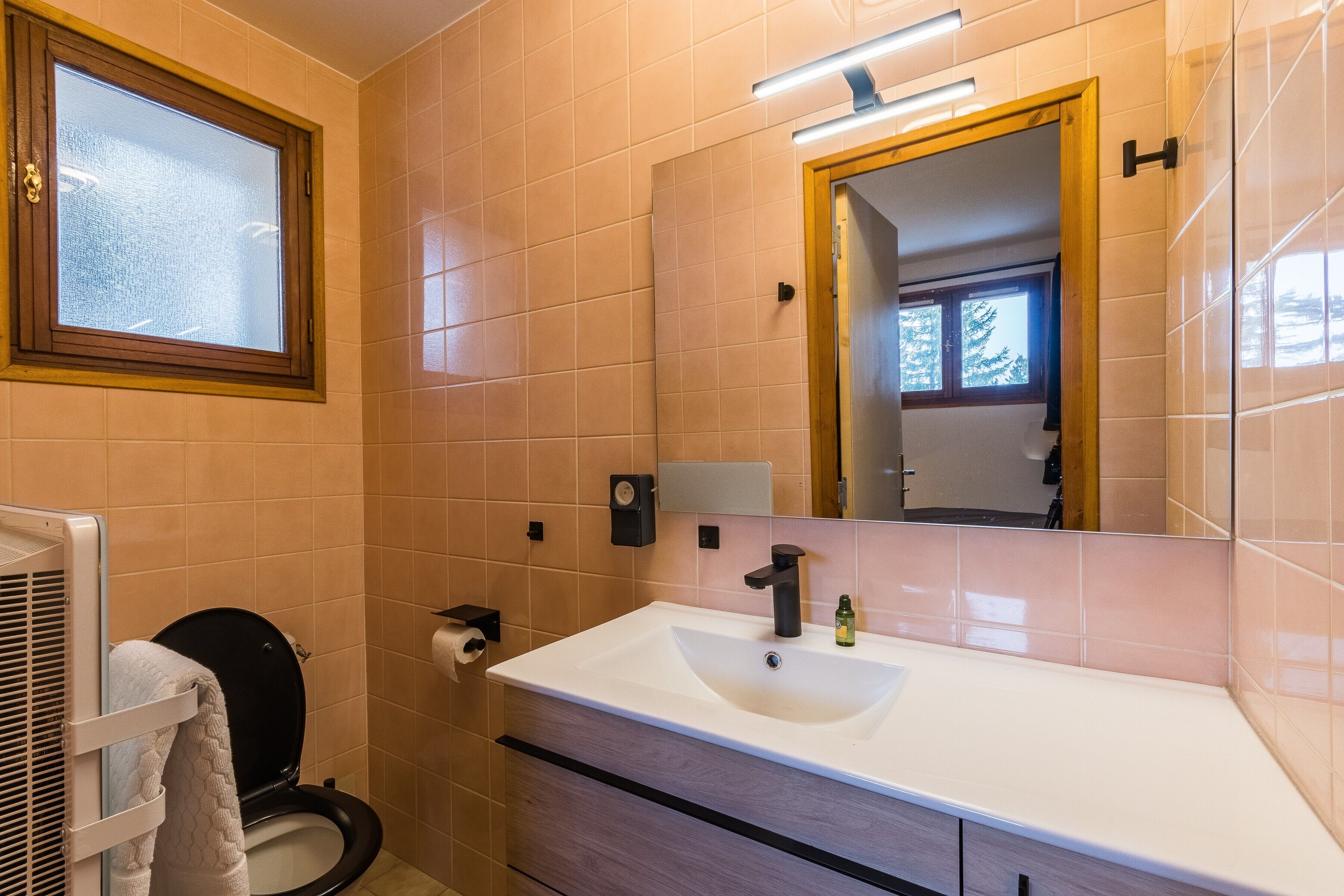 Une salle de bain équipée de toilettes, d’un lavabo, d’un miroir et d’un porte-serviettes.