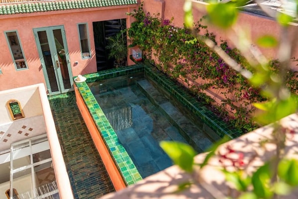 Una piscina en la azotea con un borde de azulejos verdes, un edificio rosa con ventanas y una pared cubierta de enredaderas verdes.