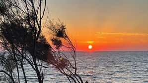 A sunset over a beach with trees in the foreground.