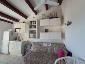 Ein kompakter Wohnraum mit Küchenzeile, eingebauten Regalen, einem gemusterten Sofa und einem Deckenventilator.