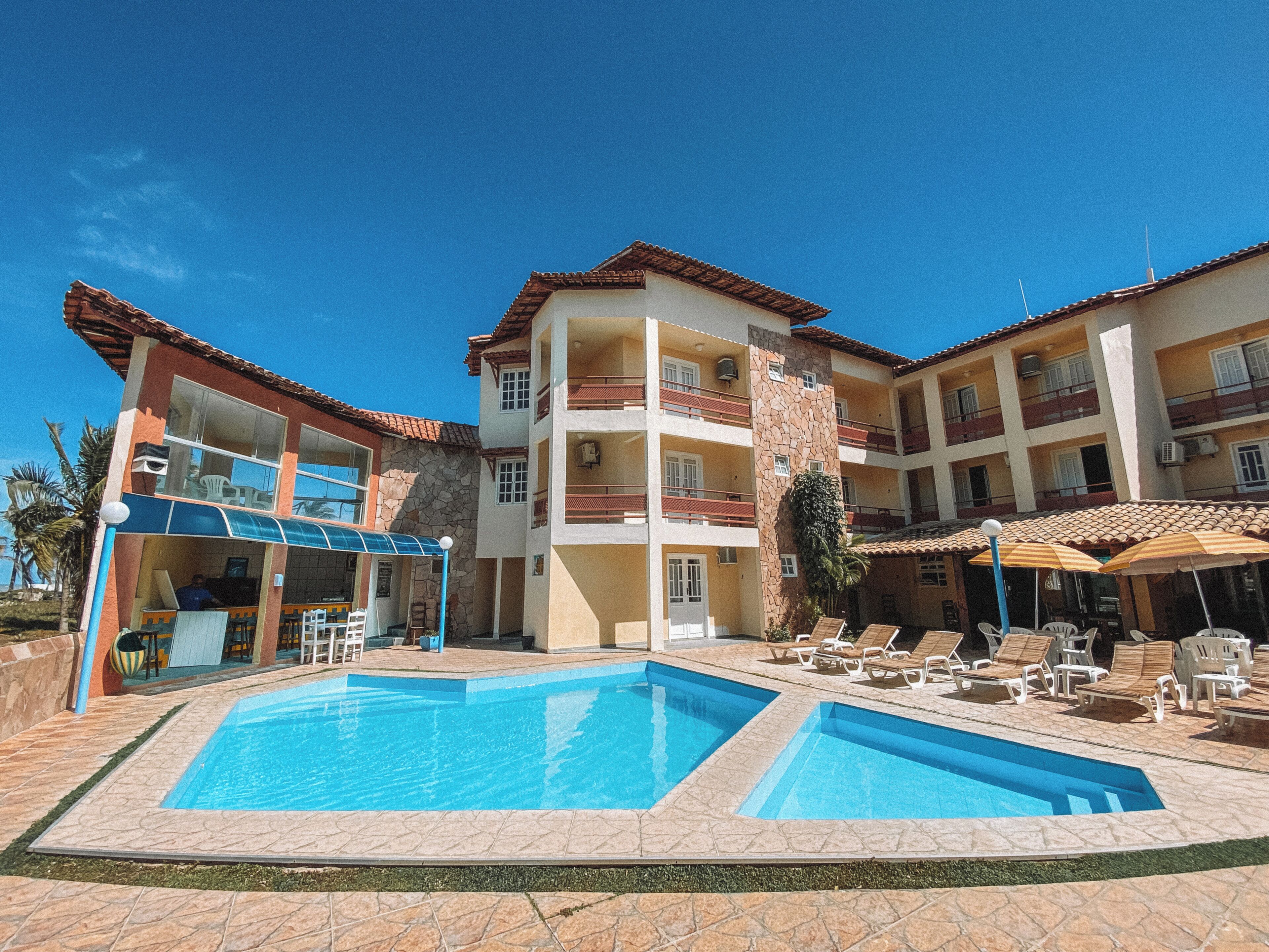 Outdoor pool, pool umbrellas, pool loungers