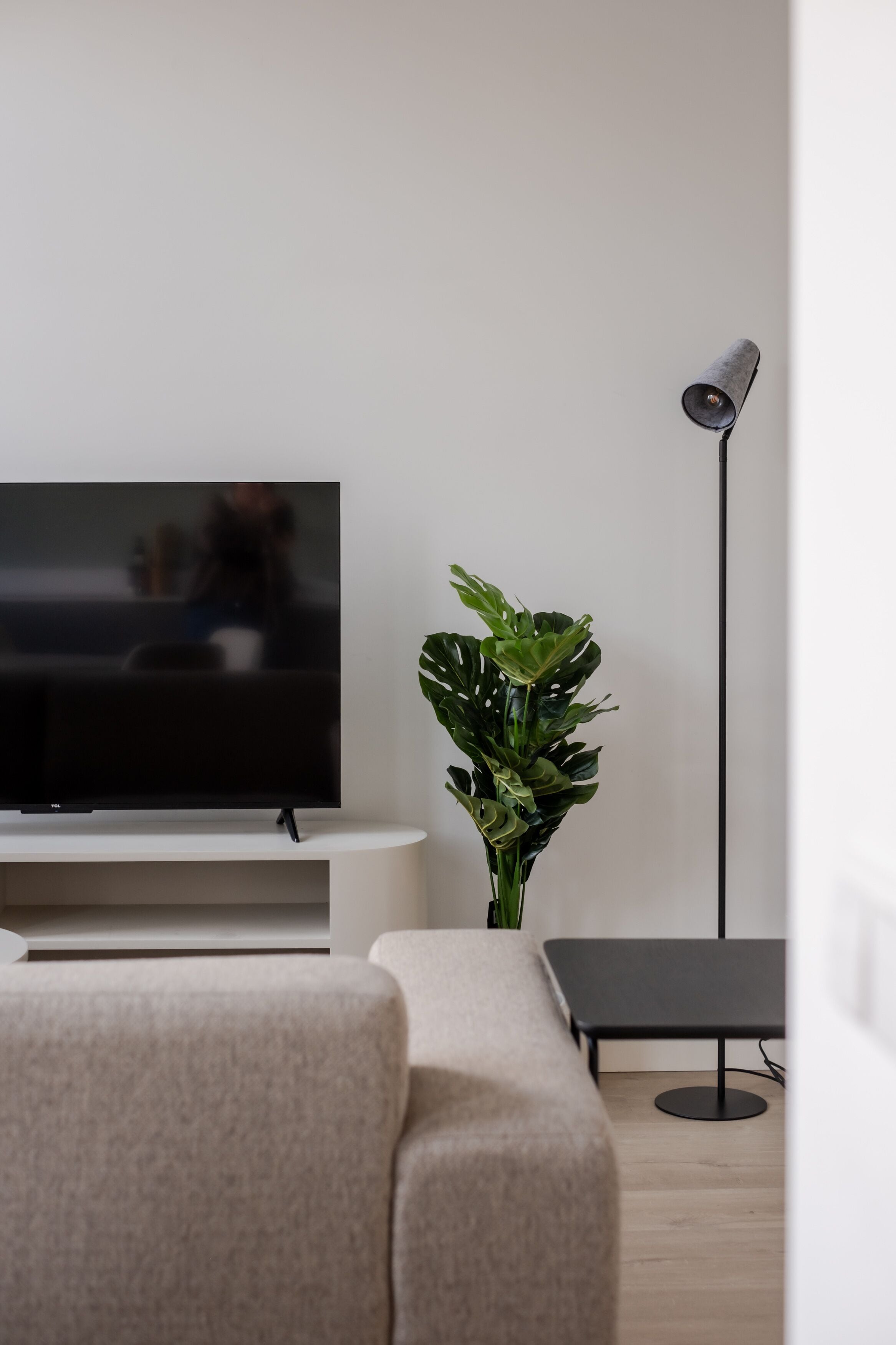 Un soggiorno moderno con una TV a schermo piatto su un mobile bianco, una pianta in vaso, una lampada da terra e un tavolino da caffè nero.