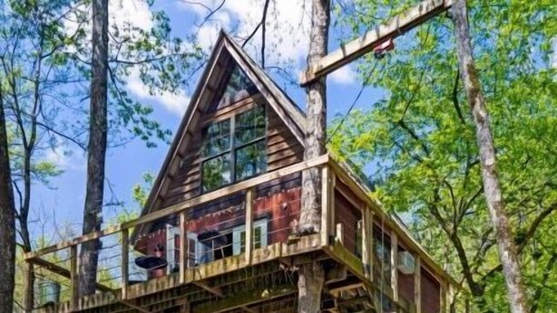 Uma casa na árvore com varanda, construída sobre pilares, cercada por árvores.