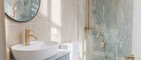 Hair dryer, towels, soap, toilet paper