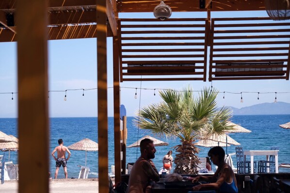 A beachside restaurant with outdoor seating, palm trees, and a view of the sea.