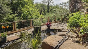 A garden with a wooden fence, a small pond, and various plants.