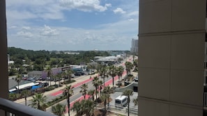 A view of a street with palm trees, a red bike lane, and buildings in the background.