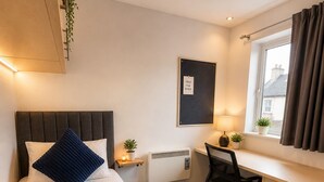 A bedroom with a bed, a desk, a chair, a radiator, a window with curtains, and a wall-mounted plant.