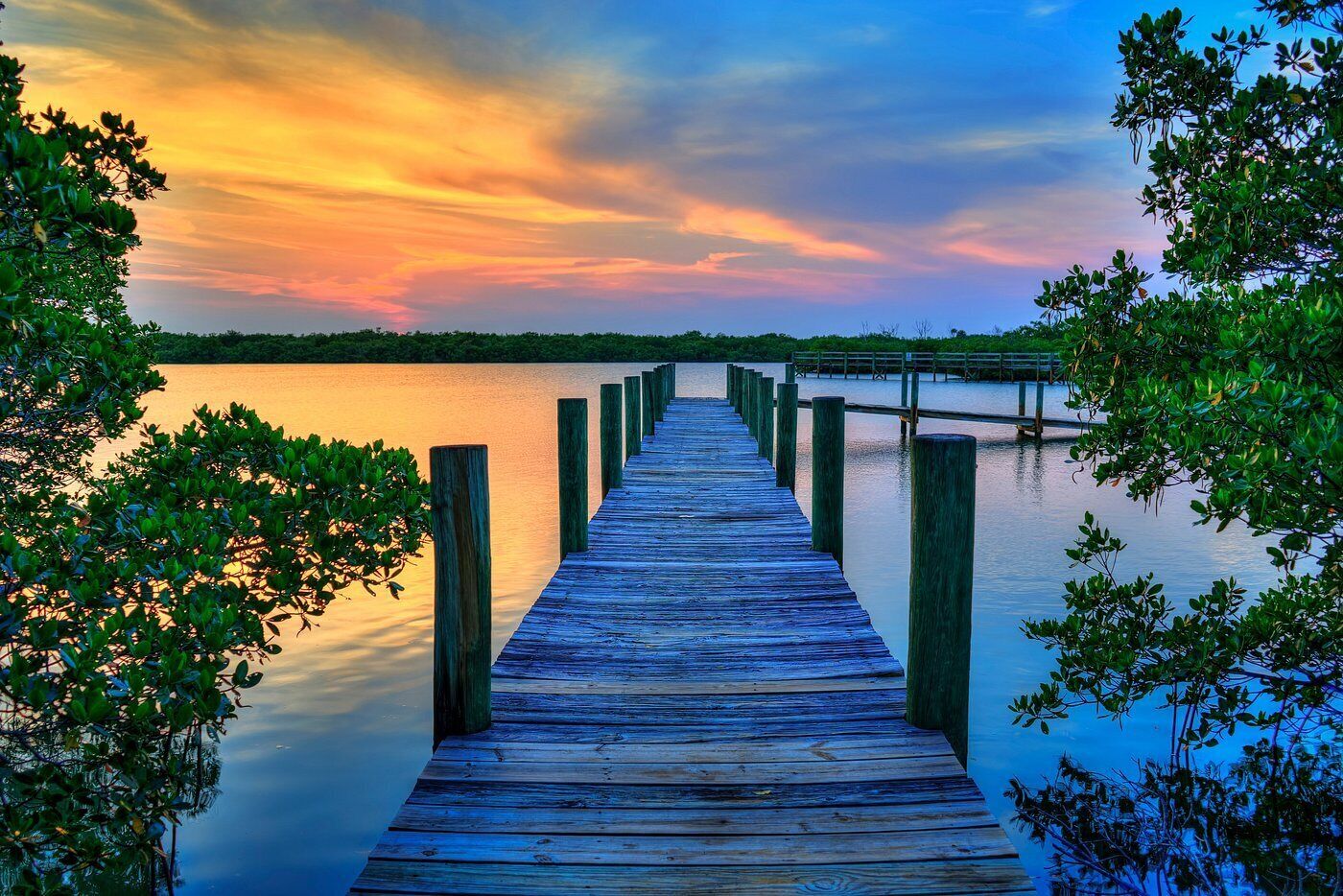 A wooden pier extending into calm water, surrounded by lush greenery.