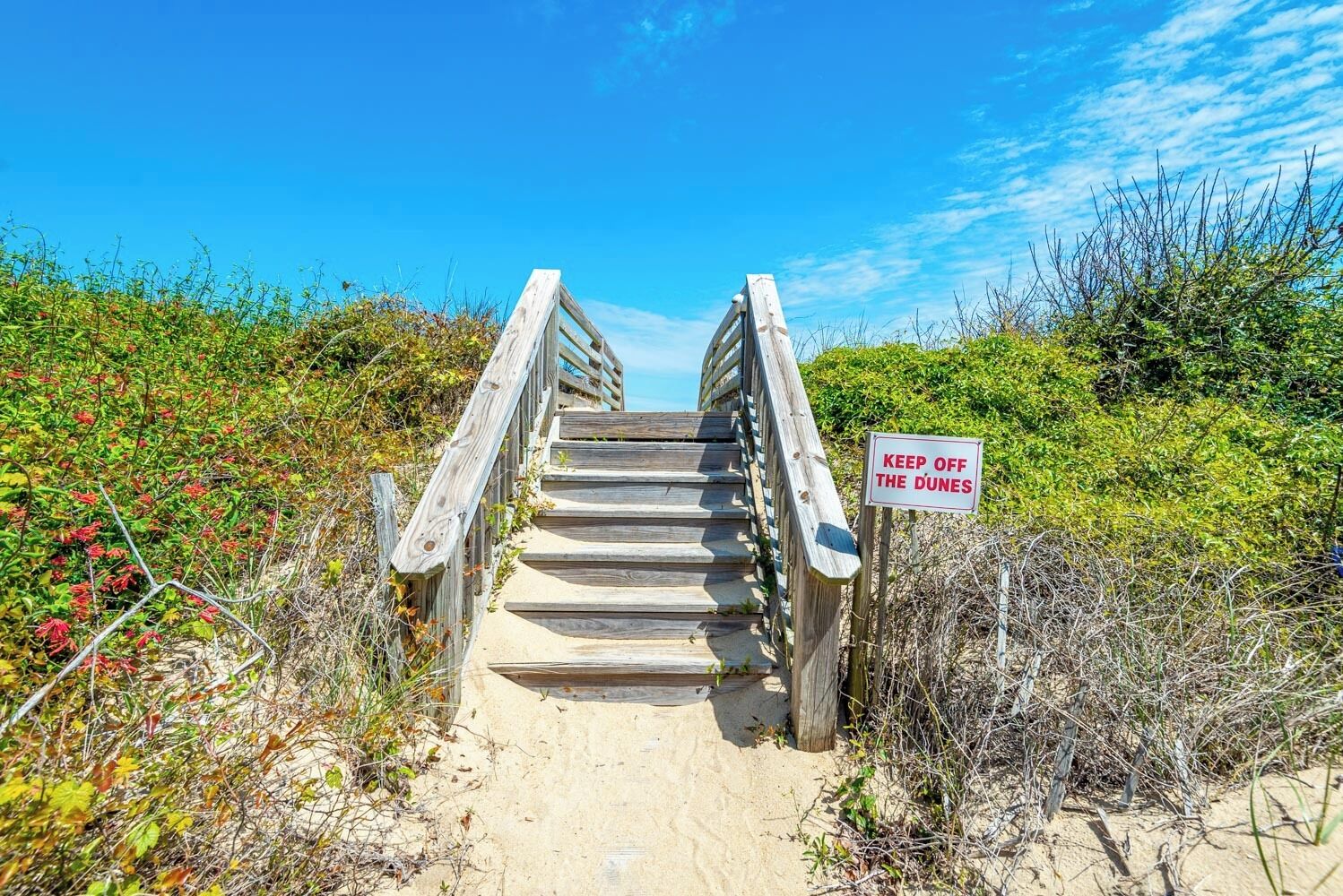 Una scala di legno conduce a una spiaggia, con un cartello che riporta la scritta 'KEEP OFF THE DUNES'.