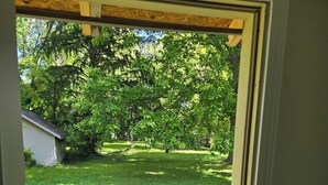 Vista a través d'una porta cap a un pati enjardinat amb un arbre i una caseta.