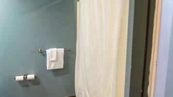 Hair dryer, towels, soap, toilet paper