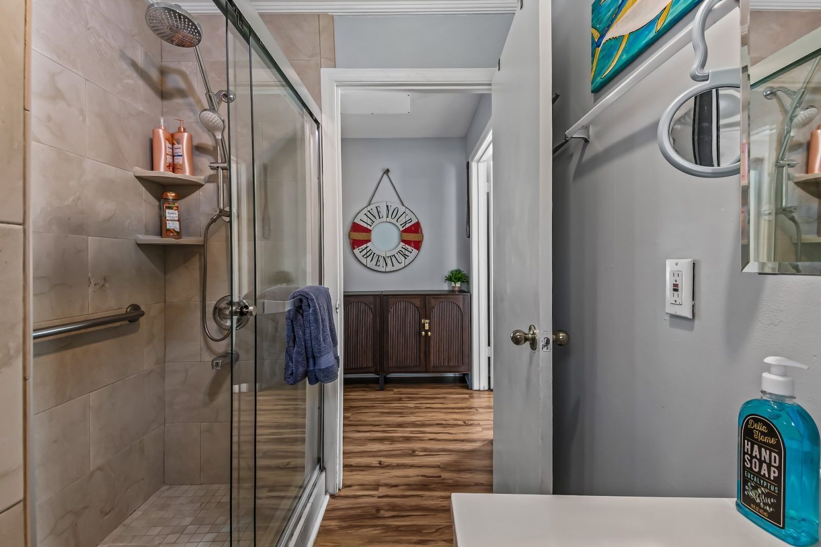 Hair dryer, towels, soap, shampoo