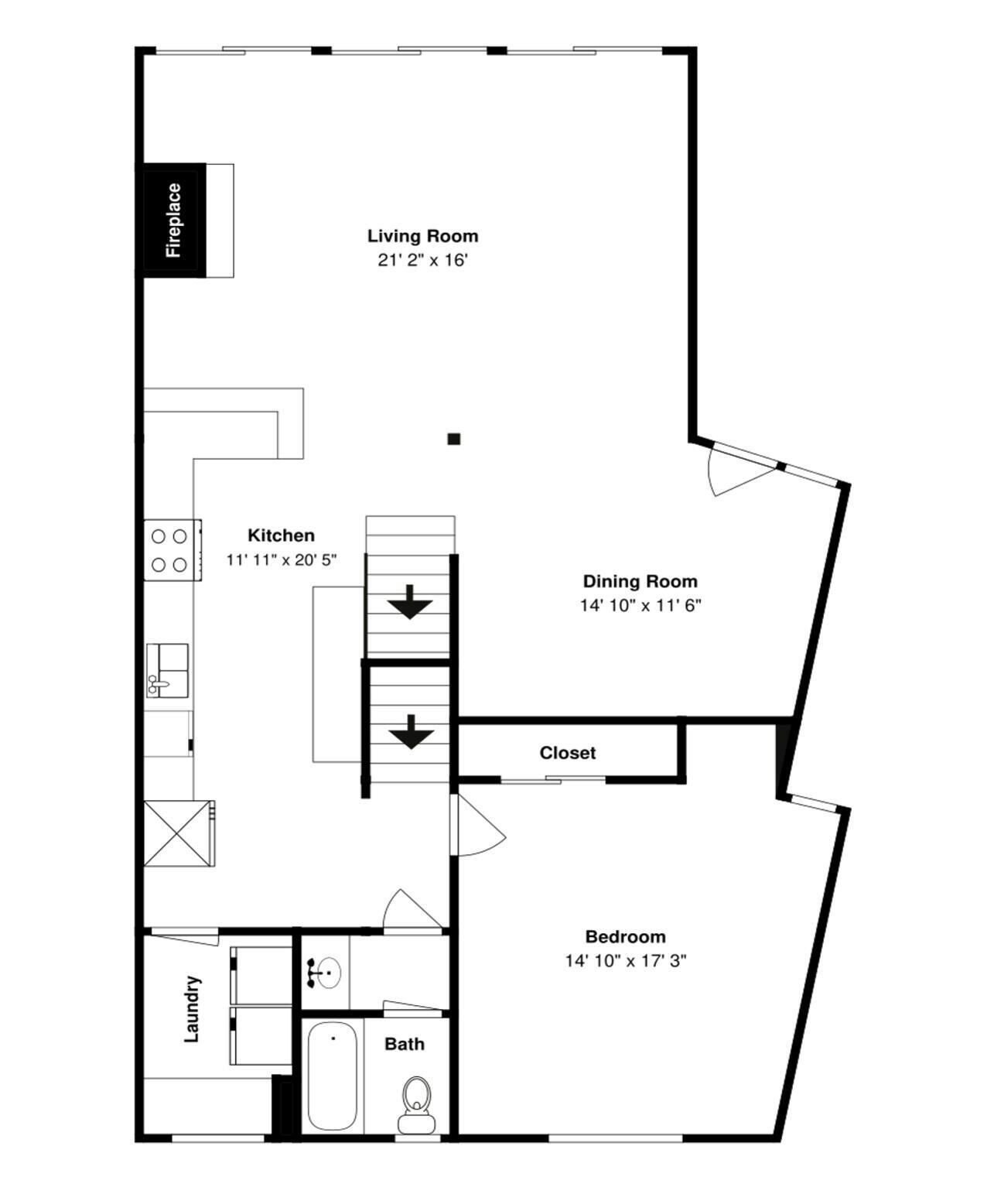 Un plan d’étage comprenant un salon, une cuisine, une salle à manger, une chambre, une salle de bain et un placard.