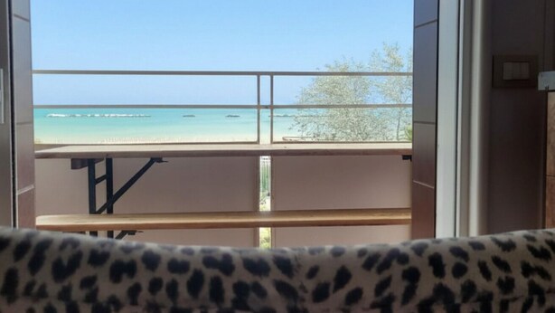 A view through a window with a metal railing, a beach, and a tree. - CN043 - Cesenatico, four-room apartment facing the sea with a panoramic terrace (Cesenatico)