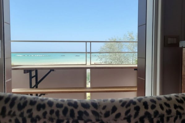 Vista a través de una ventana con barandilla de metal, una playa y un árbol.