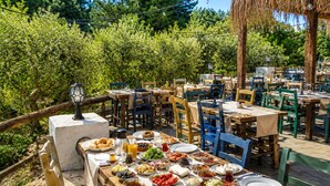 An outdoor dining area with multiple tables and chairs, surrounded by greenery and a thatched roof structure. - Alya Hill Bodrum (Bodrum)