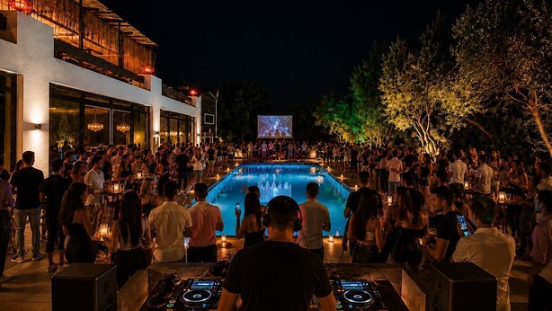 A poolside gathering with a DJ booth and a large screen. - Alya Hill Bodrum (Bodrum)