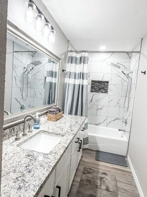 Hair dryer, towels, soap, toilet paper