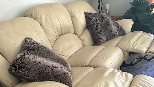 A beige leather sofa with multiple cushions, a patterned rug, and a wooden floor.