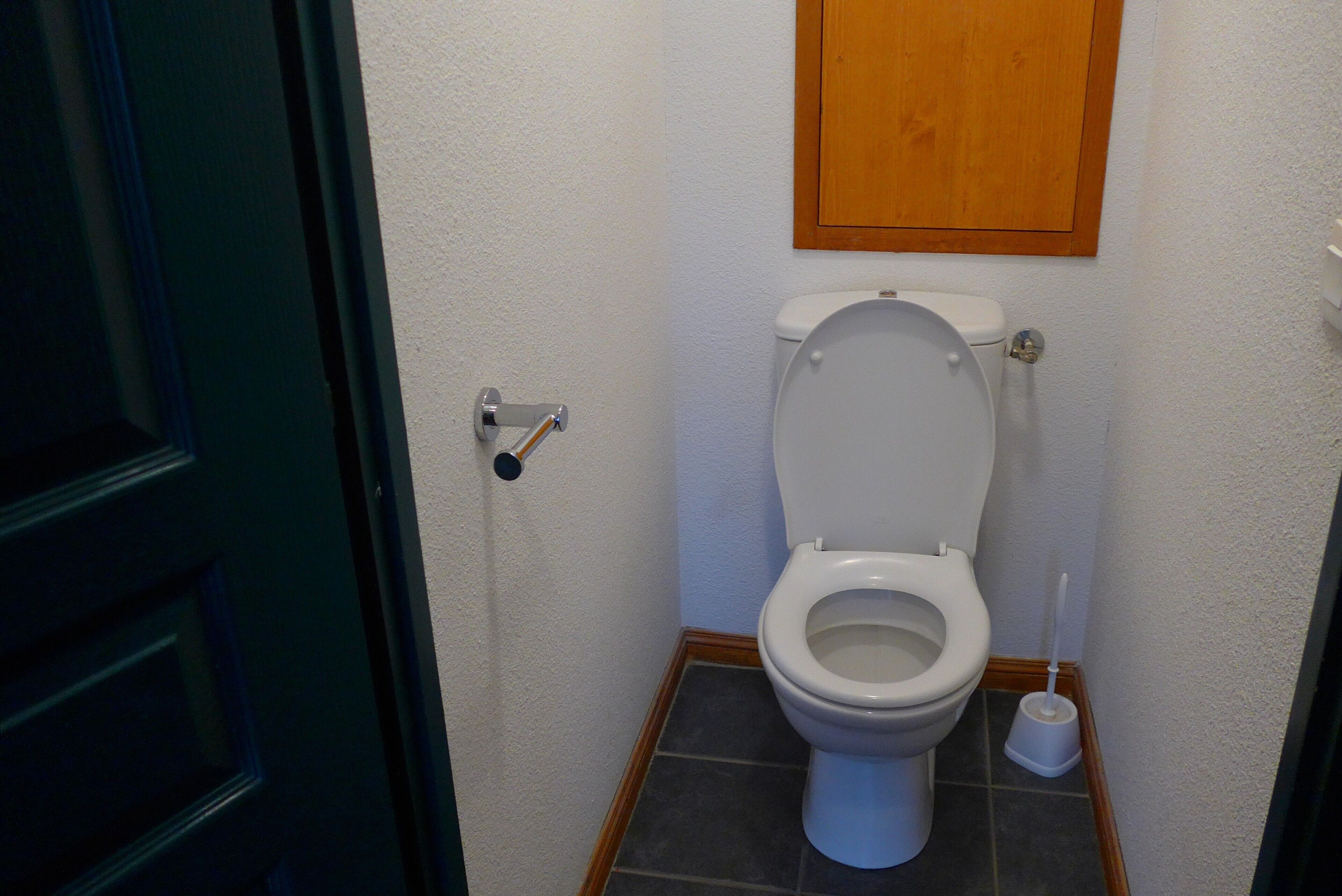 Une salle de bain avec des toilettes, un meuble en bois au-dessus et une porte sur la gauche.