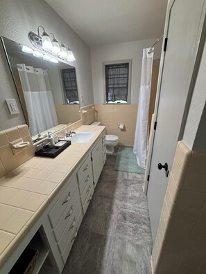 Hair dryer, towels, soap, toilet paper