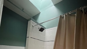 A bathroom with a shower, toilet, and bathtub.