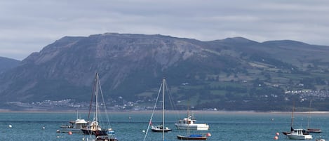 A coastal scene with multiple boats anchored near a beach, a mountain in the background, and a clear sky.