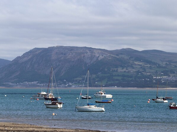 A coastal scene with multiple boats anchored near a beach, a mountain in the background, and a clear sky.