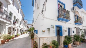 Un carrer estret amb edificis blancs, balcons blaus i plantes en testos.