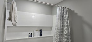 Hair dryer, towels, soap, toilet paper