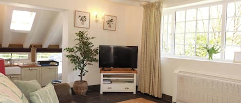A living room with a sofa, a television on a stand, a potted plant, a window with curtains, and a kitchen area in the background.