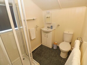A bathroom with a shower, sink, toilet, and a mirror. - Beacon House (Haverfordwest)