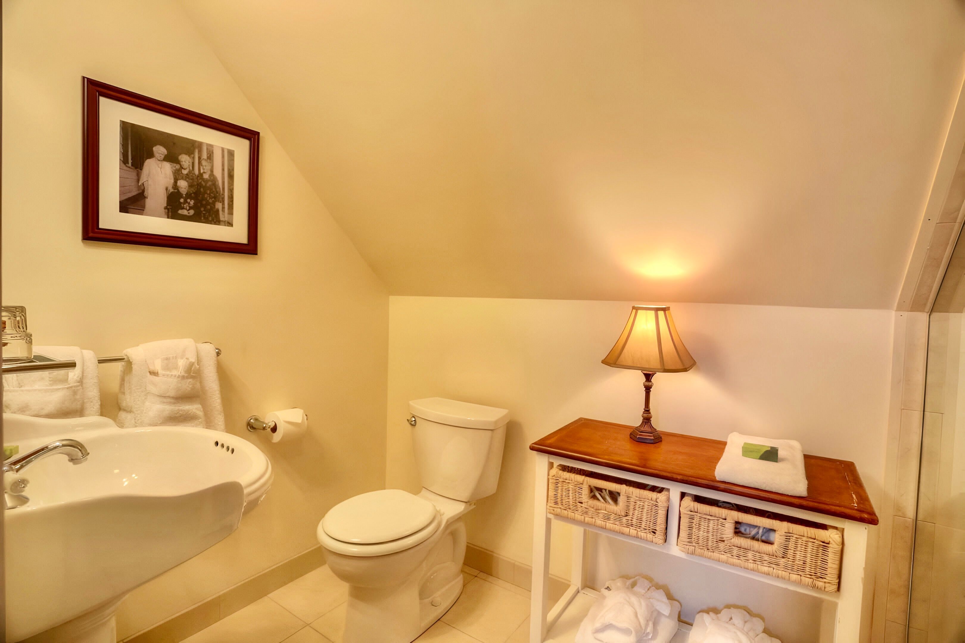 A bathroom with a sink, toilet, framed photo, and a lamp on a wooden shelf.