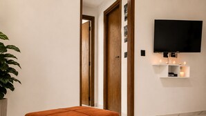 A modern interior with a wooden door, a flat-screen TV mounted on the wall, a potted plant, and a seating area with a cushioned ottoman. - Sandra 28 (Tunis)
