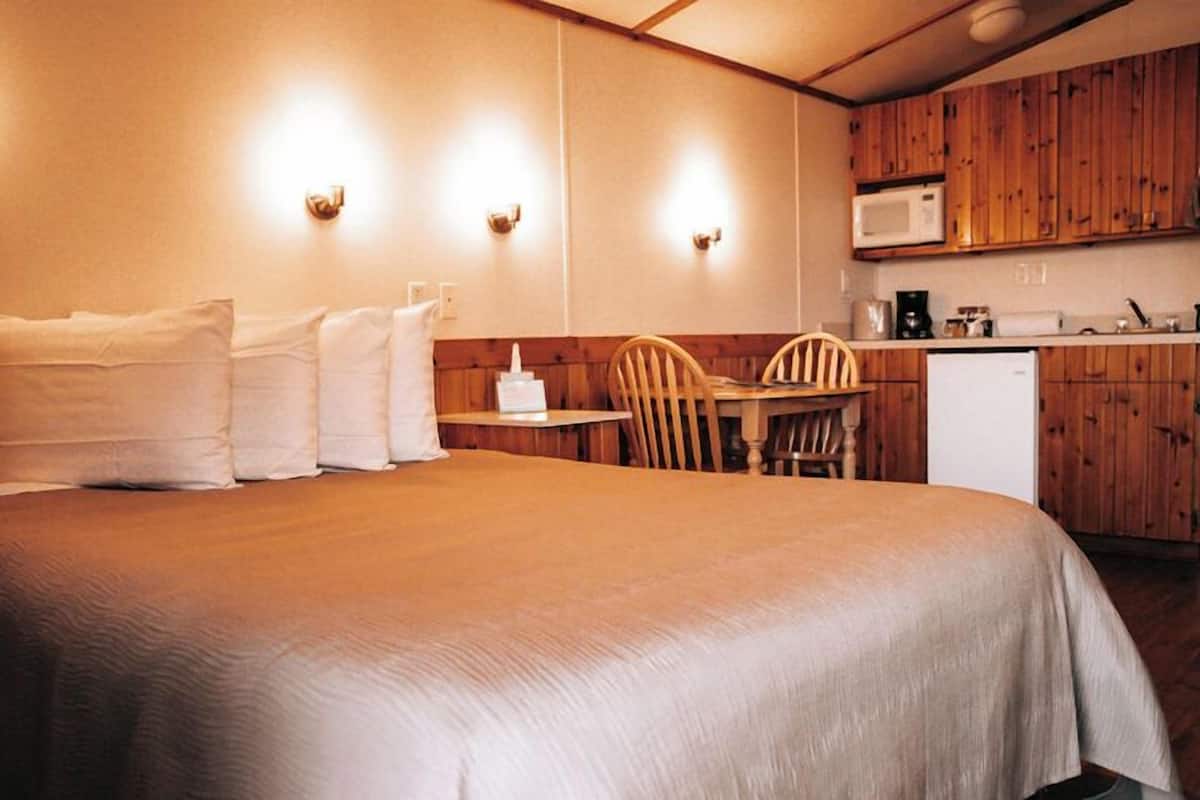 Un dormitorio con una cama grande, una mesa de comedor de madera, dos sillas, un microondas y un refrigerador pequeño.