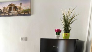 Ein schwarzer Kühlschrank mit Hisense-Logo, eine Topfpflanze und eine Blume darauf.