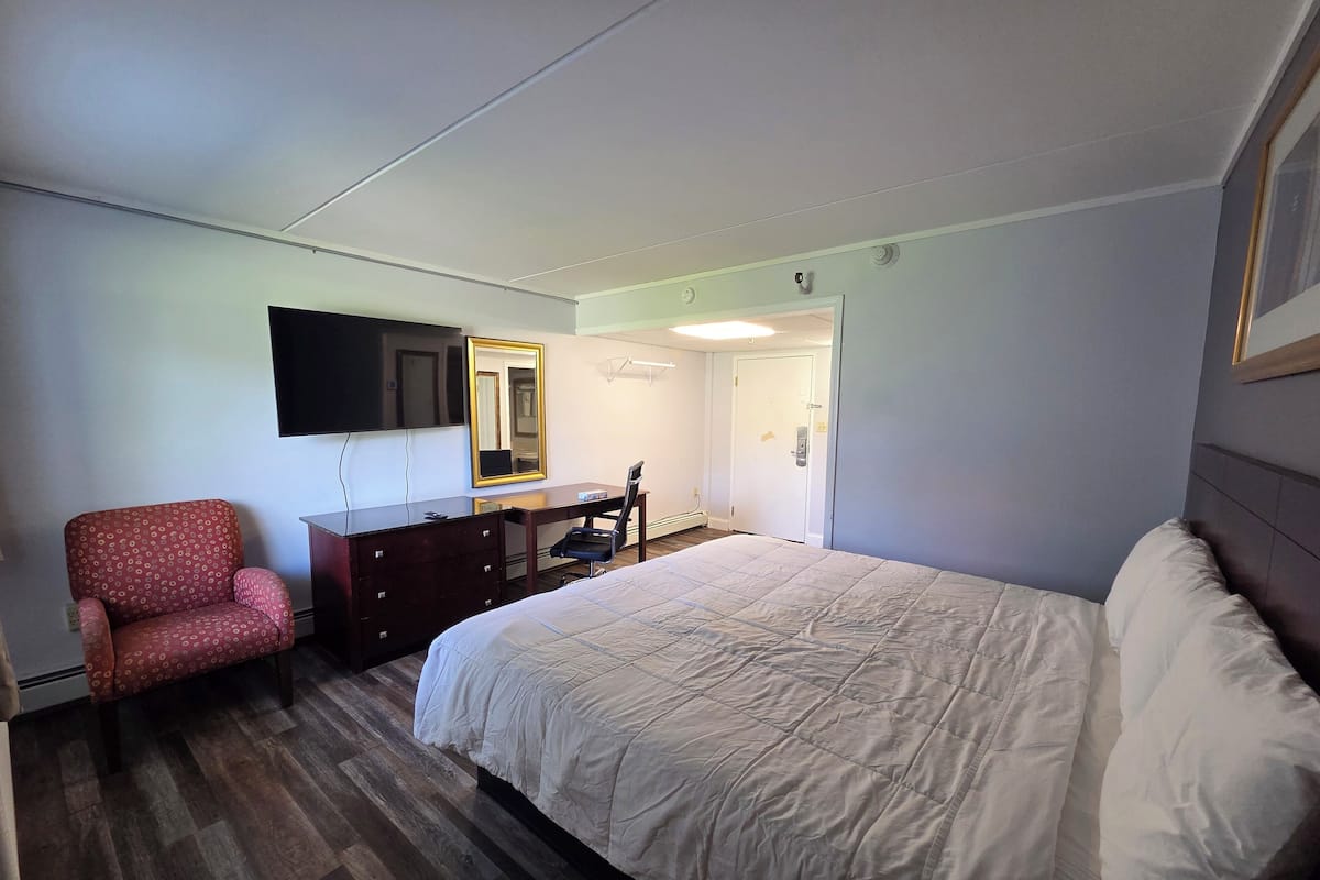 A hotel room with a bed, a desk, a chair, a mirror, and a television.