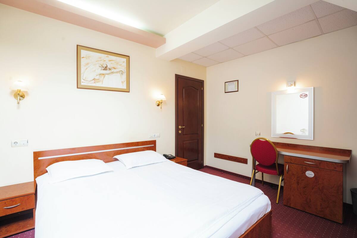 Habitación de hotel con cama, mesita de noche, silla, escritorio y espejo.